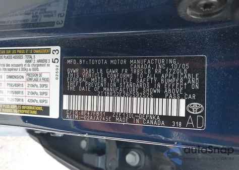 2006 Toyota Corolla Le from USA, damaged, VIN 2T1BR32E26C592525